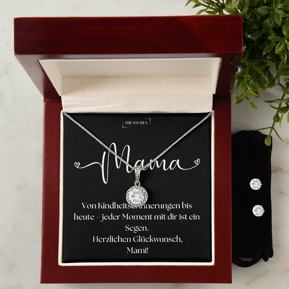 "Schmuckset mit Zirkonia-Kristallen, bestehend aus Halskette und Ohrringen, prÀsentiert in einer luxuriösen Geschenkbox."