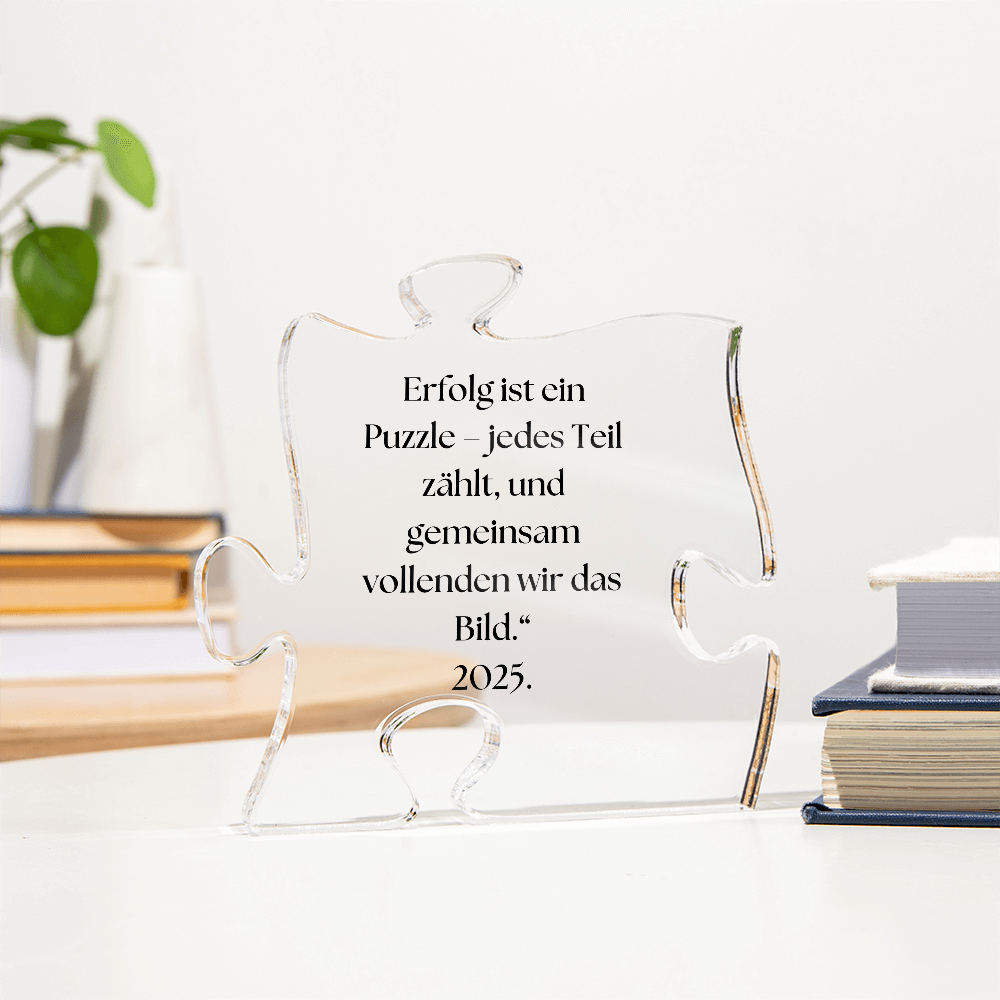"Puzzle Plakette aus Premium-Acryl, symbolisiert Teamgeist und WertschÀtzung, perfekt als Mitarbeitergeschenk."