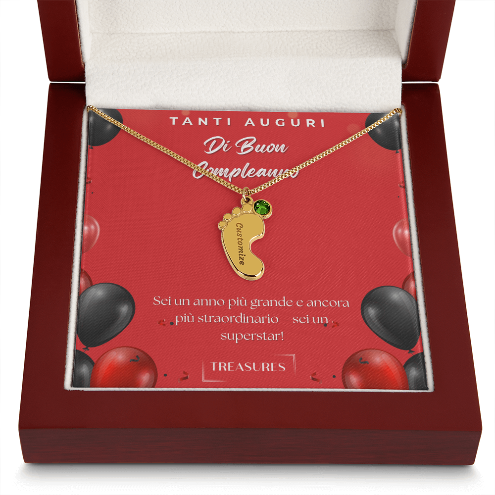Collana personalizzata con piedini e pietra di nascita, incisione nome, regalo per bambini, acciaio inox o oro 18K, scatola in mogano, ricordo unico, treasures.ch