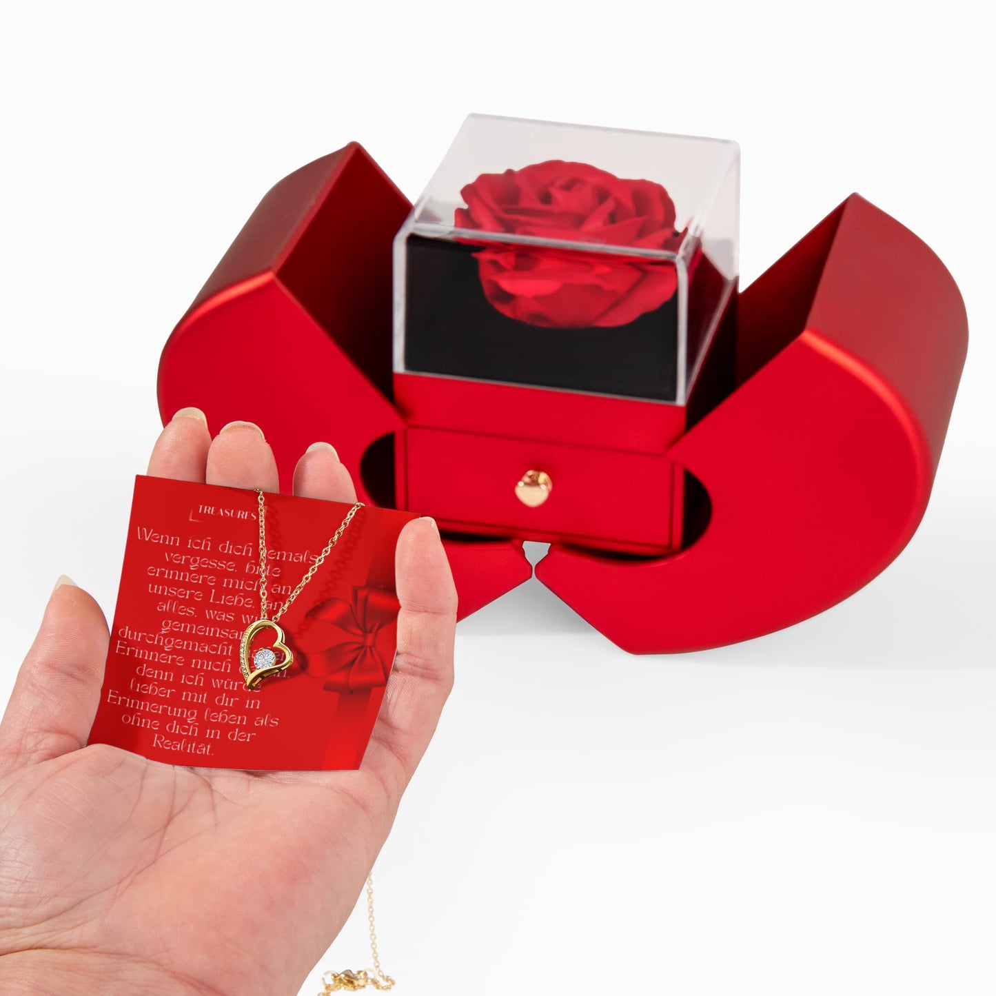 Forever Love Kette mit Zirkonia und rote Herzbox mit ewiger Rose – Geschenk für Frauen.