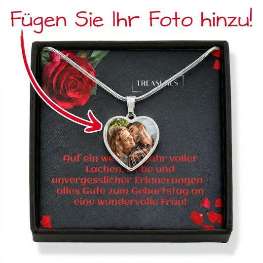 Personalisierte Foto-Herz-Kette für Damen, individuell graviert, einzigartiges Geburtstagsgeschenk, eigenes Foto hochladen, Edelstahl oder 18k Gold, treasures.c