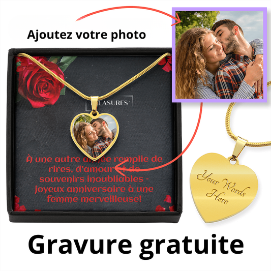 Collier personnalisé avec pendentif cœur et photo, gravure au dos, cadeau d’anniversaire unique, acier chirurgical ou or 18k, treasures.ch