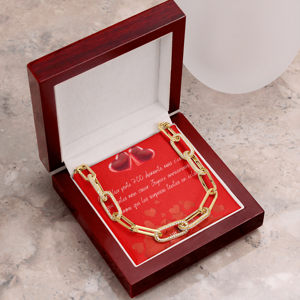 CZ Paperclip Chain avec finition or jaune 14k et 700 zircons cubiques pavés, collier luxueux moderne, cadeau statement pour elle, boîte de luxe avec LED, treasures.ch
