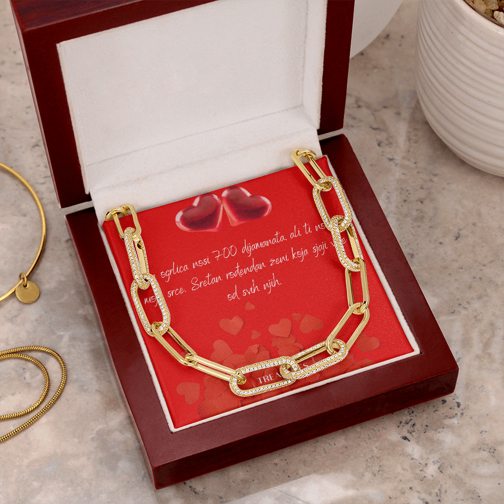 CZ Paperclip Chain s 14k žutom zlatnom završnom obradom i 700 pavé kubičnih cirkona, moderna luksuzna ogrlica, statement poklon za nju, luksuzna kutija s LED rasvjetom, treasures.ch
