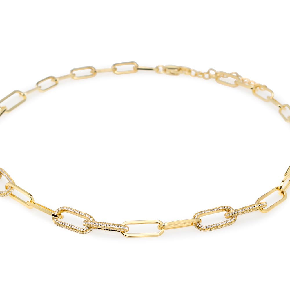 CZ Paperclip Chain with 14k yellow gold finish and 700 pave-set cubic zirconia crystals, modern luxury necklace, statement gift for her, luxury LED box, treasures.ch

