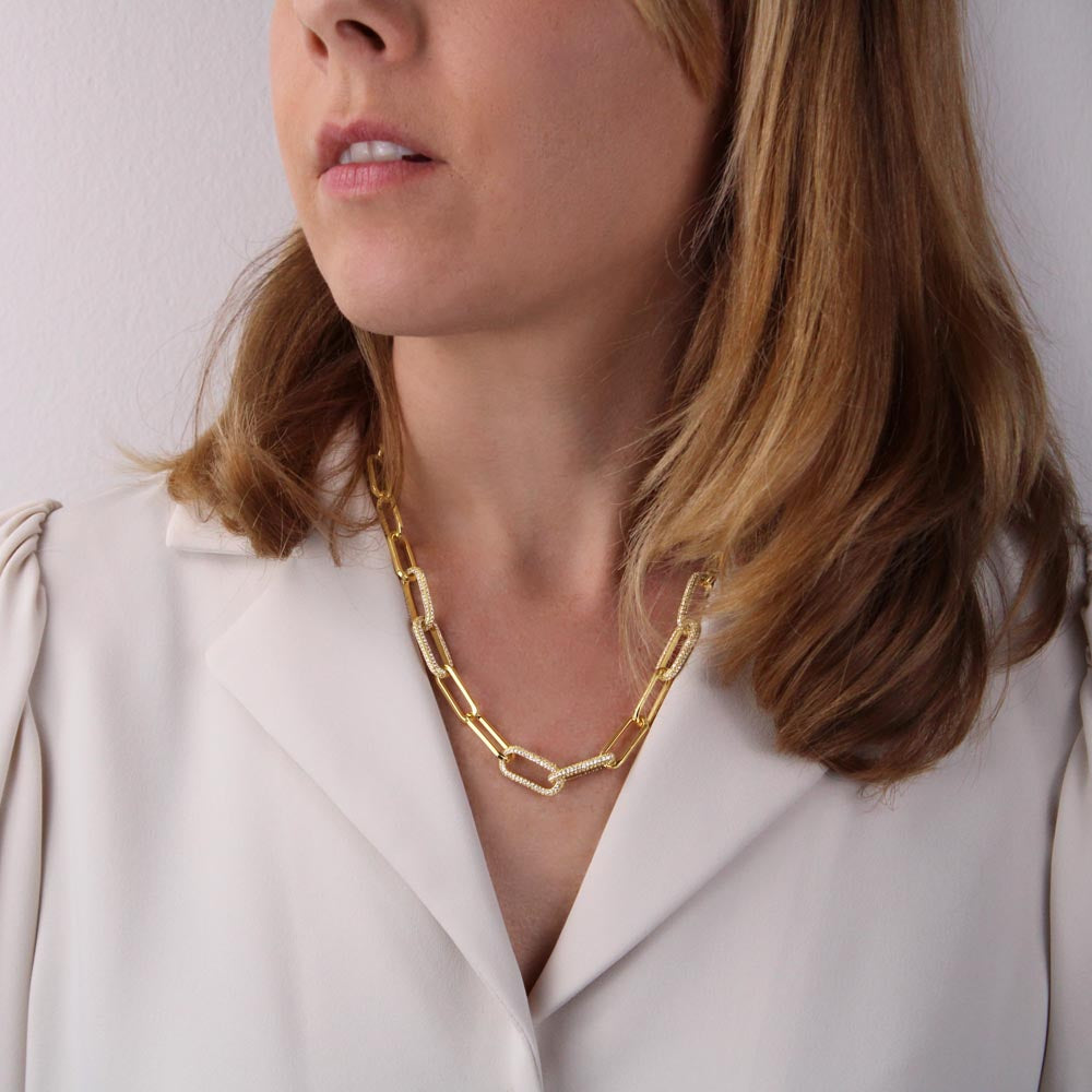 CZ Paperclip Chain s 14k žutom zlatnom završnom obradom i 700 pavé kubičnih cirkona, moderna luksuzna ogrlica, statement poklon za nju, luksuzna kutija s LED rasvjetom, treasures.ch
