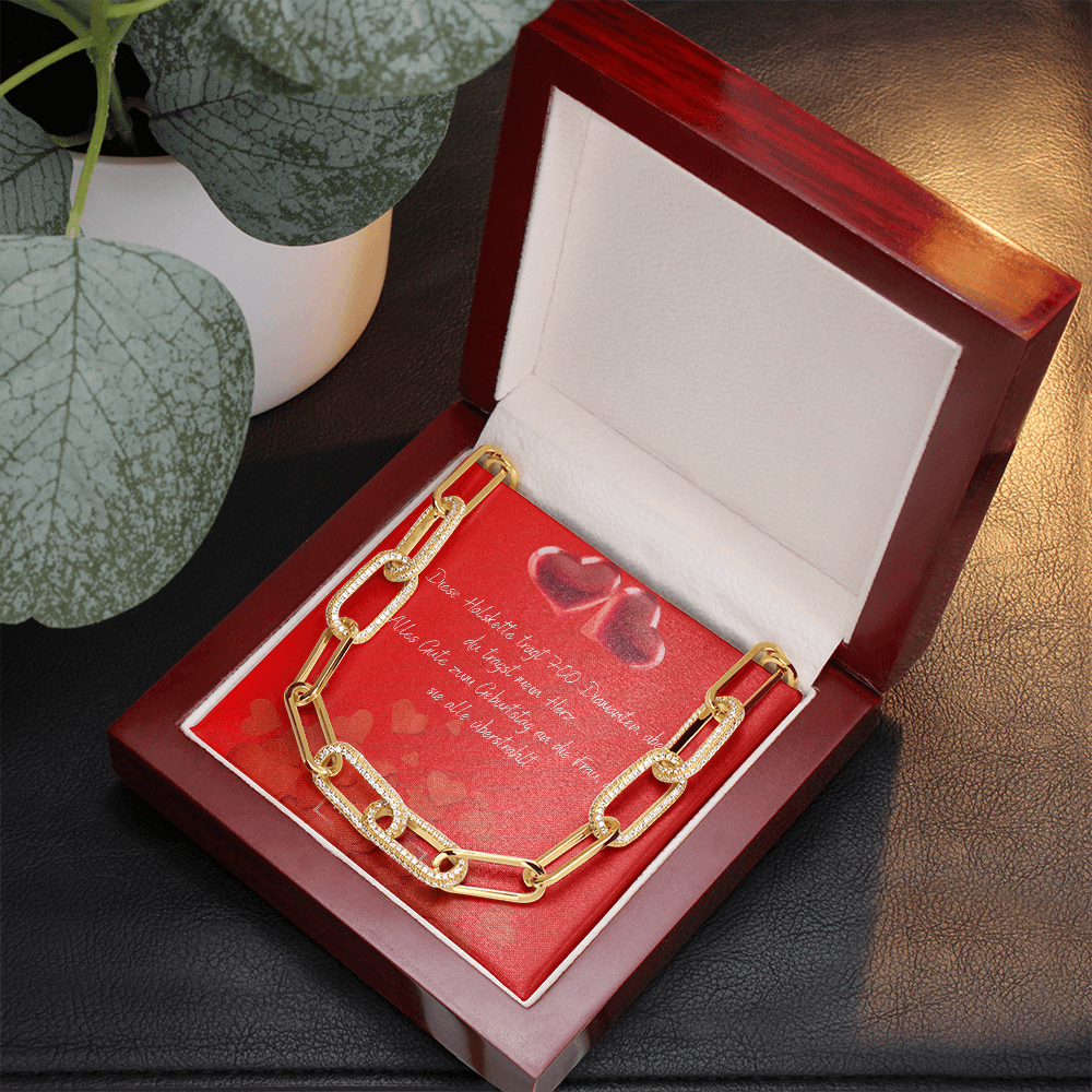 CZ Paperclip Chain mit 14k Gelbgold-Finish und 700 Zirkonia-Kristallen, modernes Statement-Schmuckstück, luxuriöses Geschenk für Frauen, LED-Luxusbox, treasures.ch
