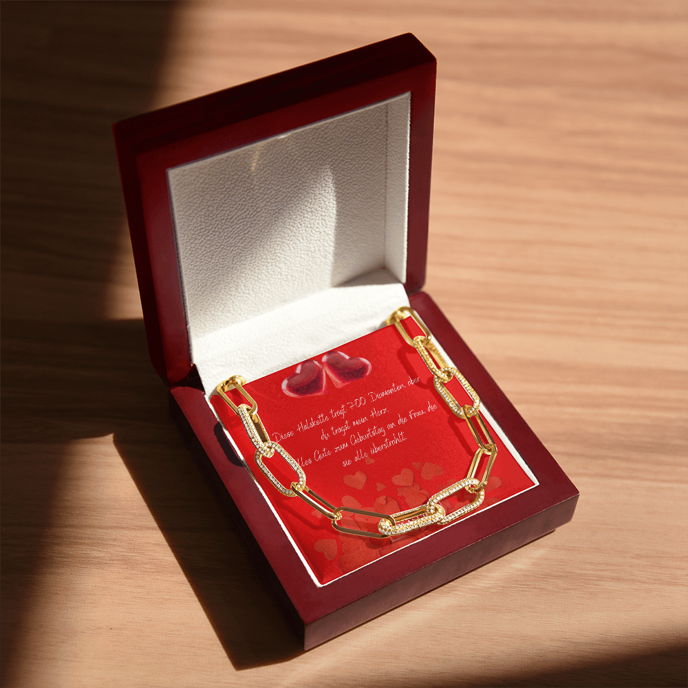 CZ Paperclip Chain mit 14k Gelbgold-Finish und 700 Zirkonia-Kristallen, modernes Statement-Schmuckstück, luxuriöses Geschenk für Frauen, LED-Luxusbox, treasures.ch
