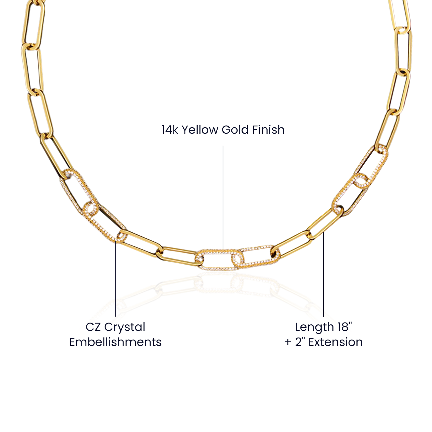 CZ Paperclip Chain avec finition or jaune 14k et 700 zircons cubiques pavés, collier luxueux moderne, cadeau statement pour elle, boîte de luxe avec LED, treasures.ch
