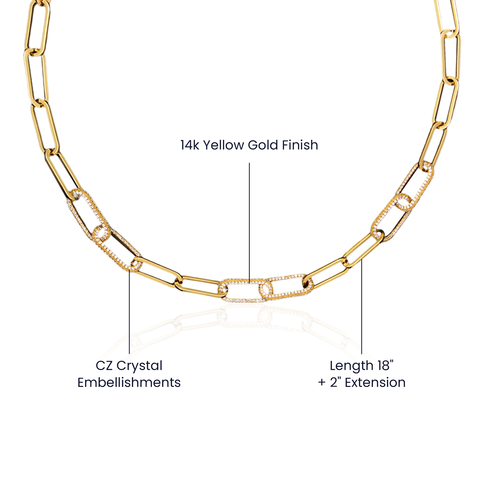 CZ Paperclip Chain avec finition or jaune 14k et 700 zircons cubiques pavés, collier luxueux moderne, cadeau statement pour elle, boîte de luxe avec LED, treasures.ch

