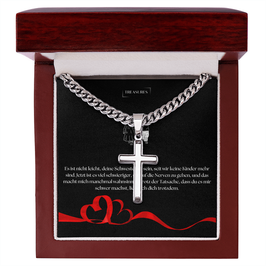 "Kubanische Kette mit Kunsthandwerker-Kreuz-Anhänger, personalisierbar, perfektes Geschenk von Schwester an Bruder."

