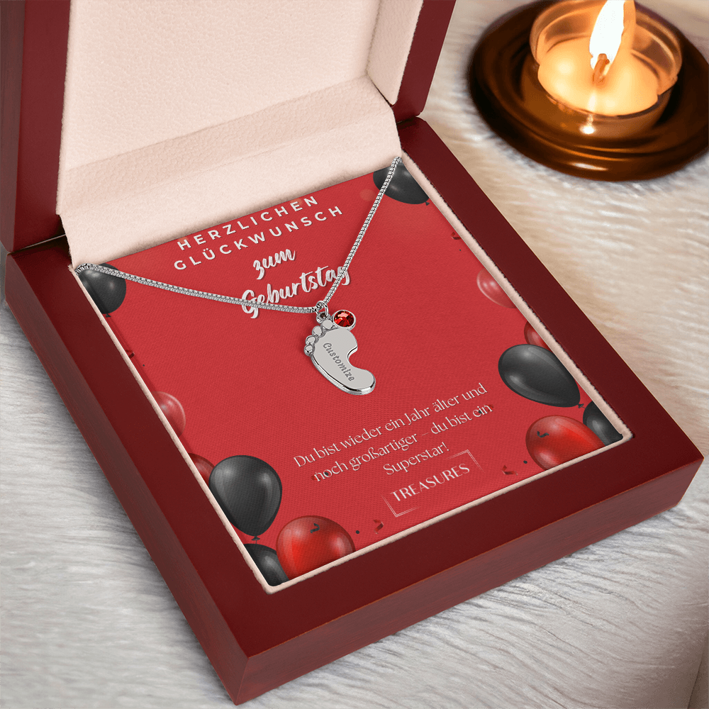 Personalisierte Kinderfüße-Kette mit Geburtsstein, gravierter Name, Geschenk für Kinder, Edelstahl oder 18K Gold, Mahagonibox, einzigartiges Erinnerungsstück, treasures.ch
