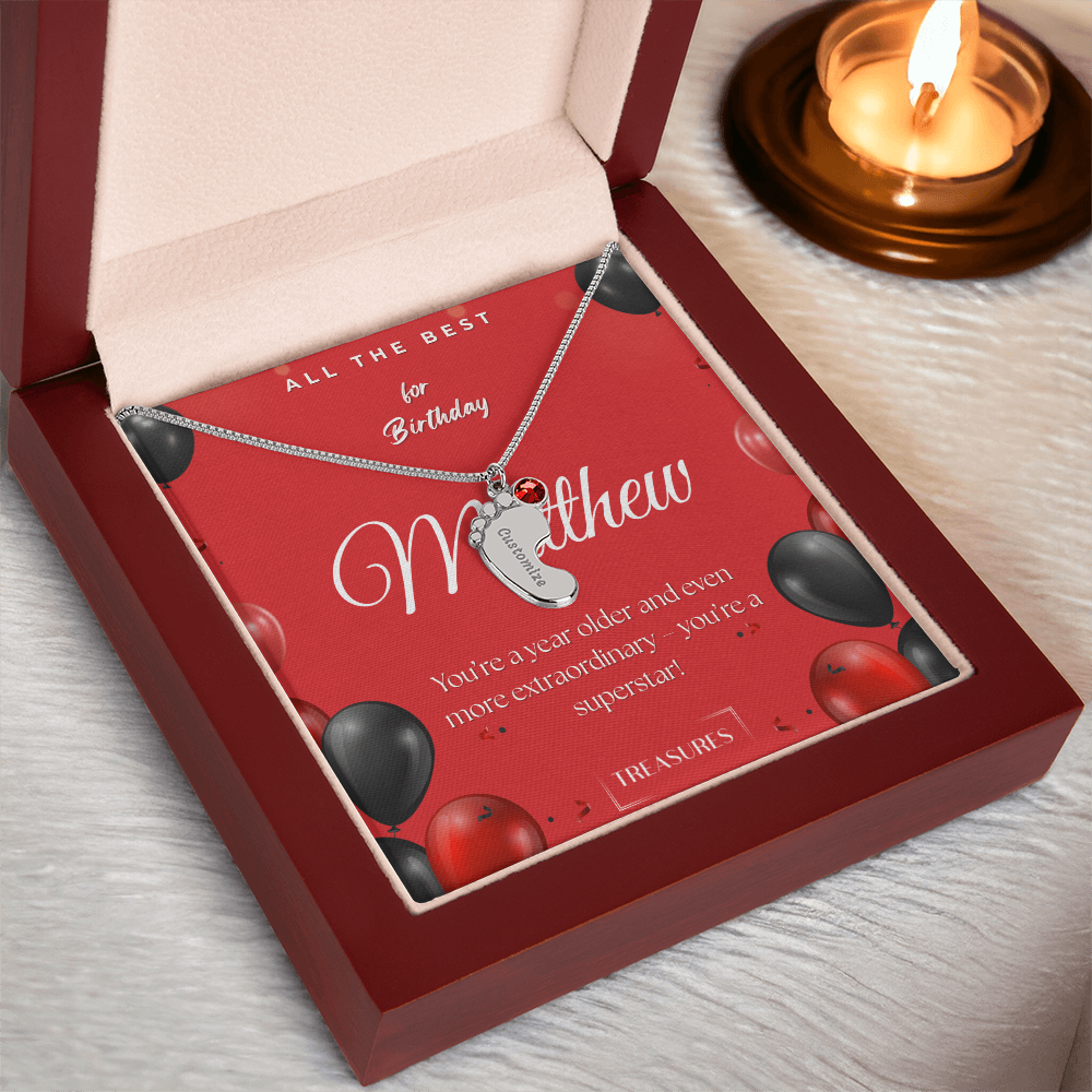 Personalized baby feet necklace with birthstone, engraved name, keepsake gift for child, stainless steel or 18K gold, mahogany box with custom message, treasures.ch
