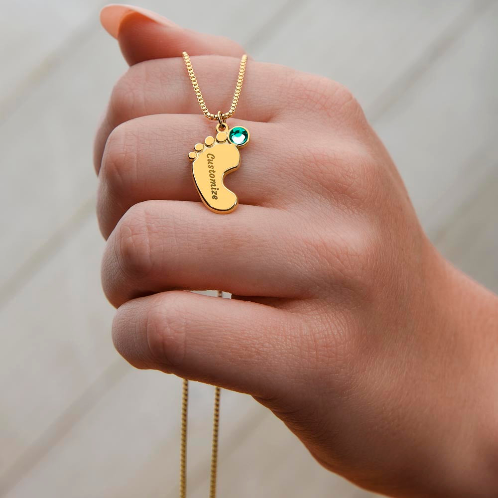 Personalisierte Kinderfüße-Kette mit Geburtsstein, gravierter Name, Geschenk für Kinder, Edelstahl oder 18K Gold, Mahagonibox, einzigartiges Erinnerungsstück, treasures.ch
