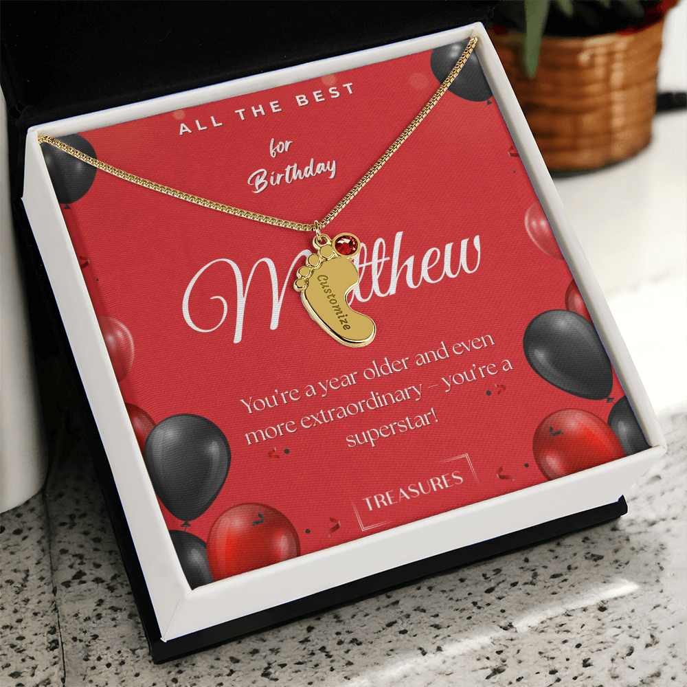 Personalized baby feet necklace with birthstone, engraved name, keepsake gift for child, stainless steel or 18K gold, mahogany box with custom message, treasures.ch
