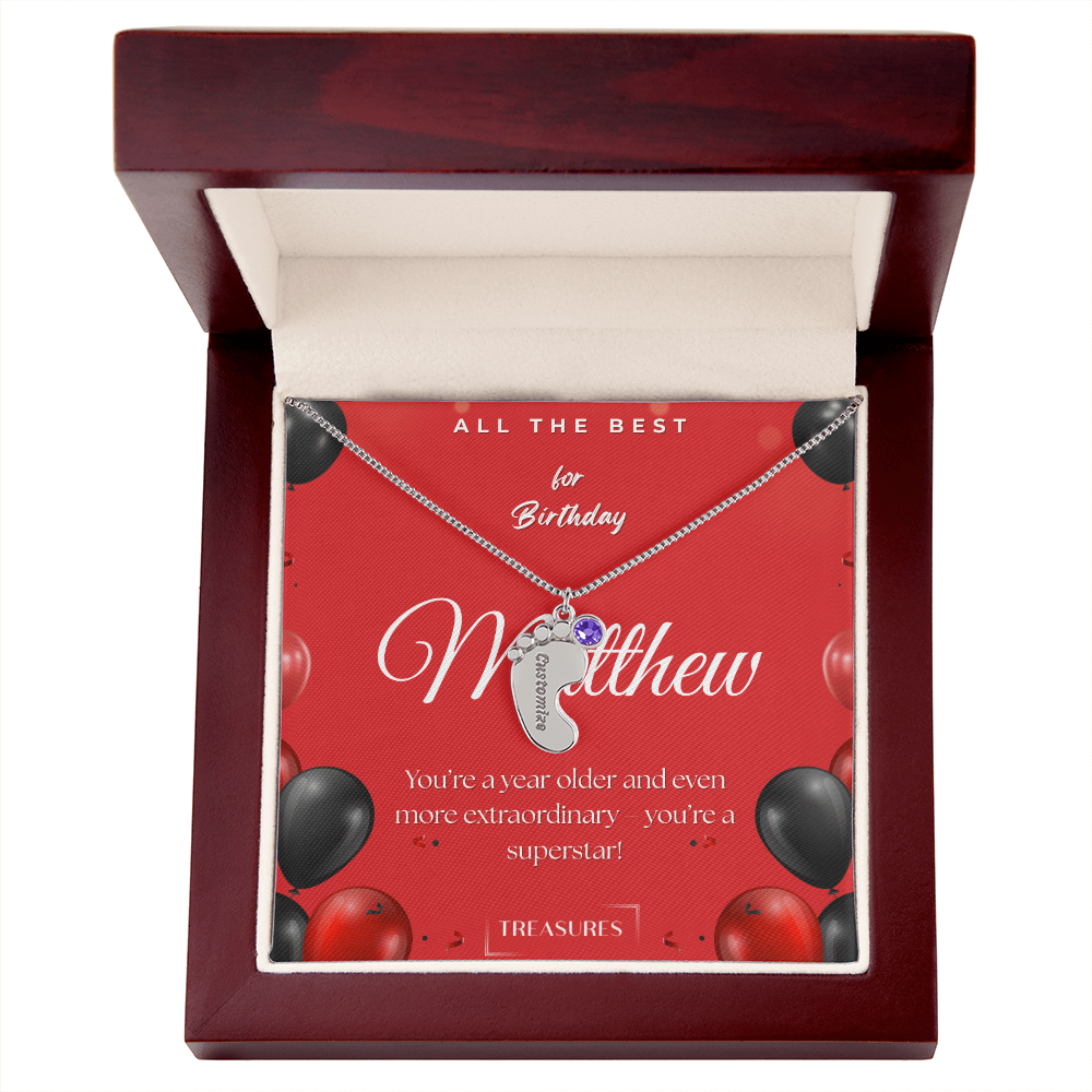 Personalized baby feet necklace with birthstone, engraved name, keepsake gift for child, stainless steel or 18K gold, mahogany box with custom message, treasures.ch
