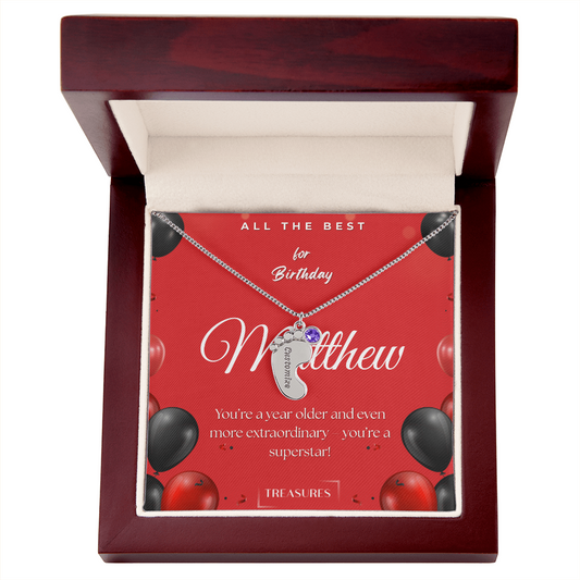 Personalized baby feet necklace with birthstone, engraved name, keepsake gift for child, stainless steel or 18K gold, mahogany box with custom message, treasures.ch
