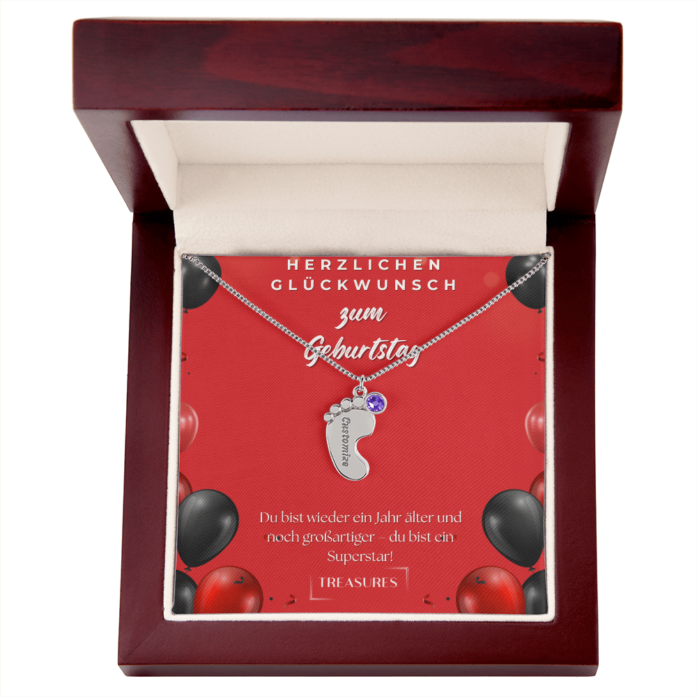 Personalisierte Kinderfüße-Kette mit Geburtsstein, gravierter Name, Geschenk für Kinder, Edelstahl oder 18K Gold, Mahagonibox, einzigartiges Erinnerungsstück, treasures.ch
