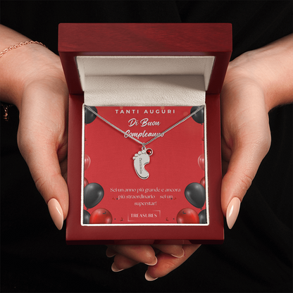 Collana personalizzata con piedini e pietra di nascita, incisione nome, regalo per bambini, acciaio inox o oro 18K, scatola in mogano, ricordo unico, treasures.ch
