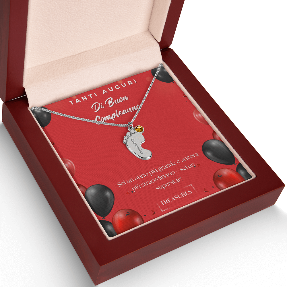 Collana personalizzata con piedini e pietra di nascita, incisione nome, regalo per bambini, acciaio inox o oro 18K, scatola in mogano, ricordo unico, treasures.ch
