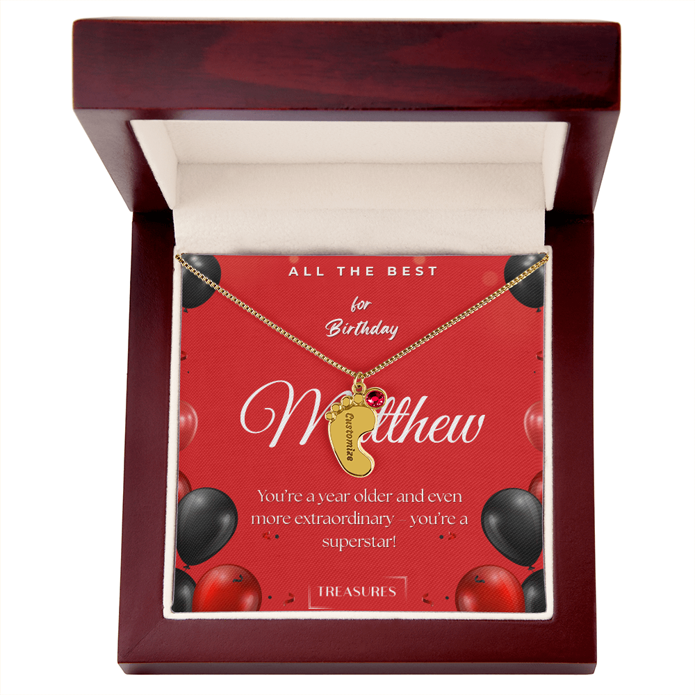 Personalized baby feet necklace with birthstone, engraved name, keepsake gift for child, stainless steel or 18K gold, mahogany box with custom message, treasures.ch
