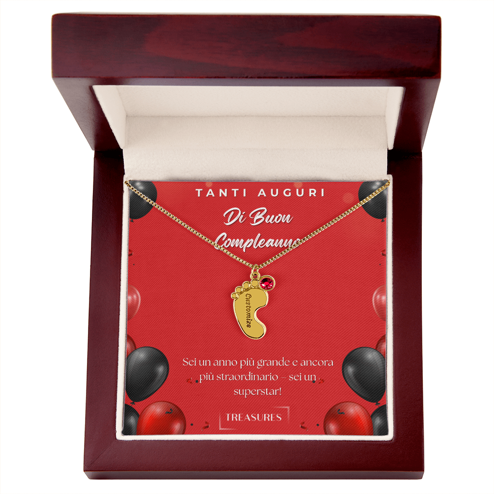 Collana personalizzata con piedini e pietra di nascita, incisione nome, regalo per bambini, acciaio inox o oro 18K, scatola in mogano, ricordo unico, treasures.ch
