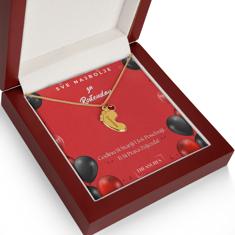 Personalizirana ogrlica s bebinim stopalima i kamenčićem rođenja, gravura imena, poklon za dijete, nehrđajući čelik ili 18K zlato, mahagonij kutija, posebna uspomena, treasures.ch
