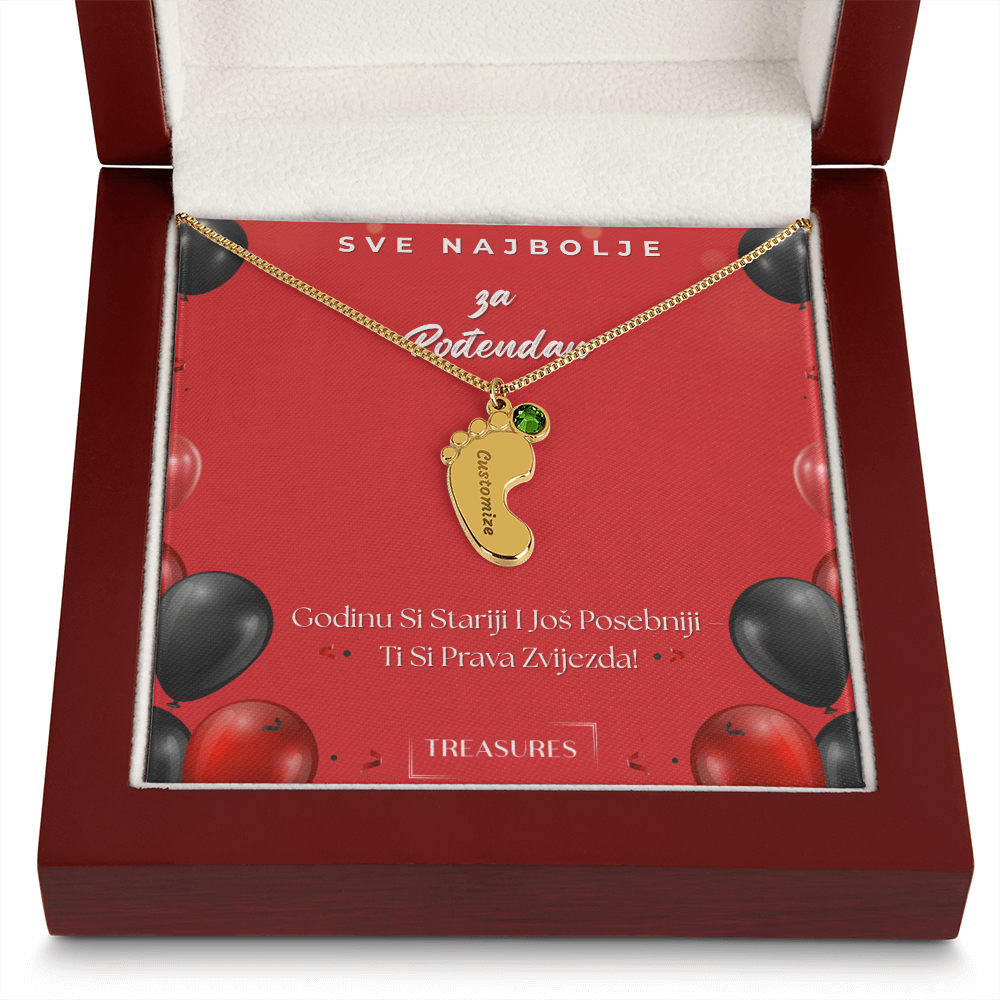Personalizirana ogrlica s bebinim stopalima i kamenčićem rođenja, gravura imena, poklon za dijete, nehrđajući čelik ili 18K zlato, mahagonij kutija, posebna uspomena, treasures.ch

