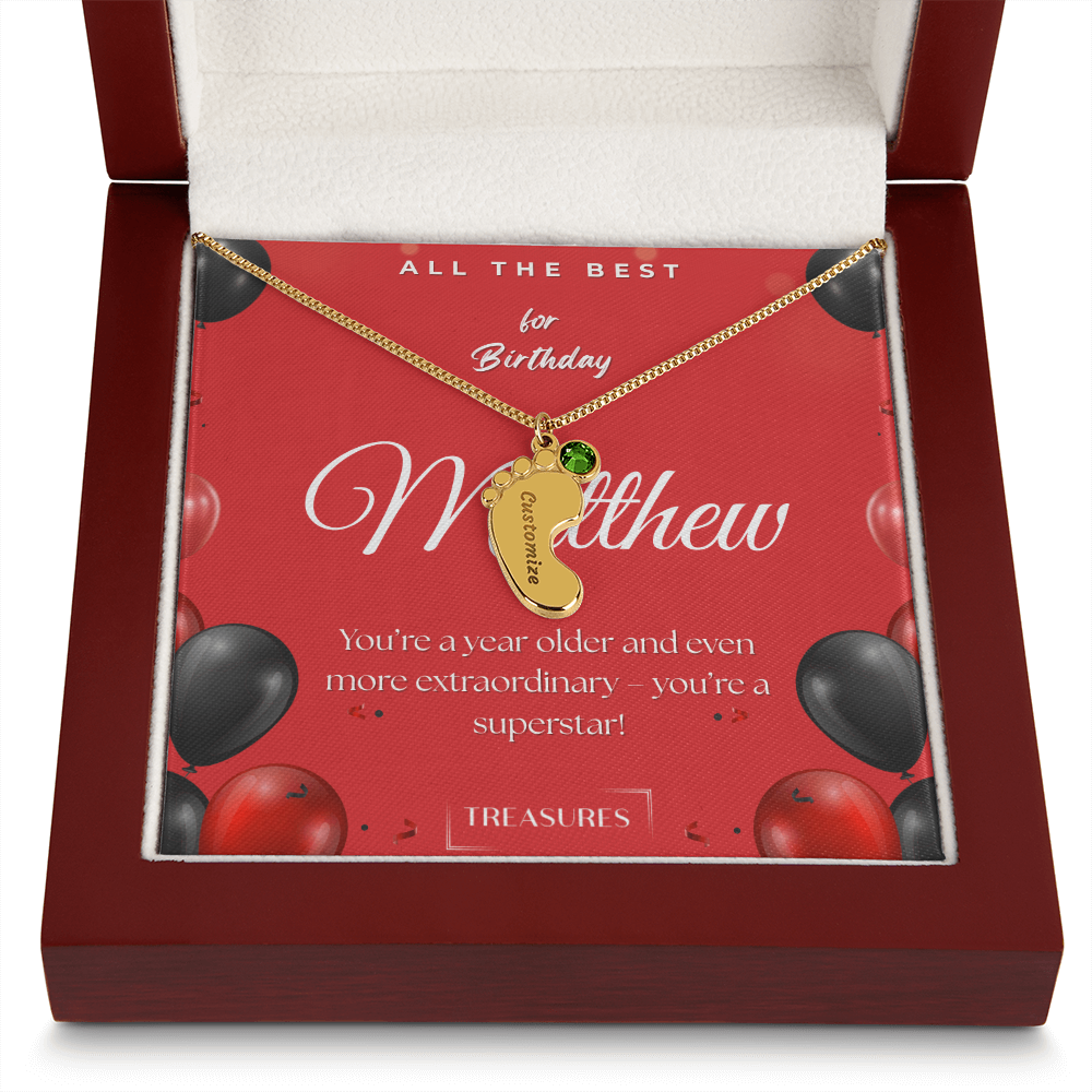 Personalized baby feet necklace with birthstone, engraved name, keepsake gift for child, stainless steel or 18K gold, mahogany box with custom message, treasures.ch
