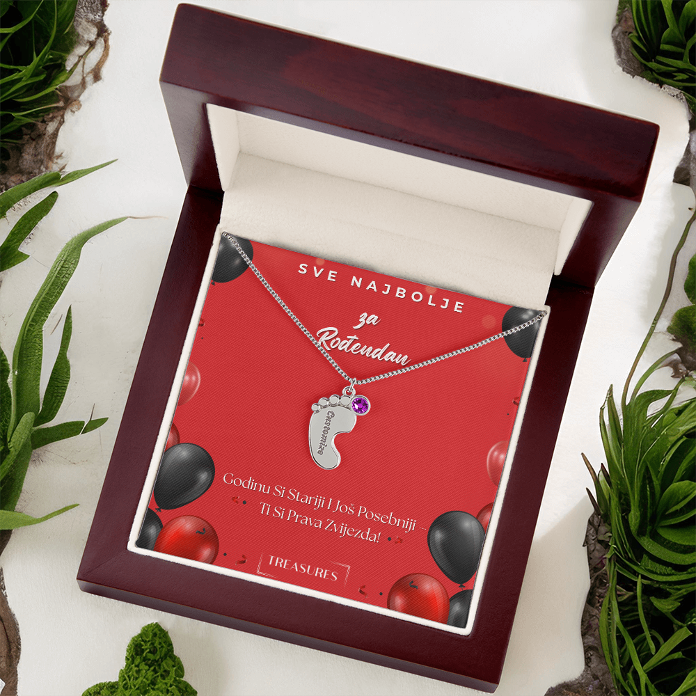 Personalizirana ogrlica s bebinim stopalima i kamenčićem rođenja, gravura imena, poklon za dijete, nehrđajući čelik ili 18K zlato, mahagonij kutija, posebna uspomena, treasures.ch
