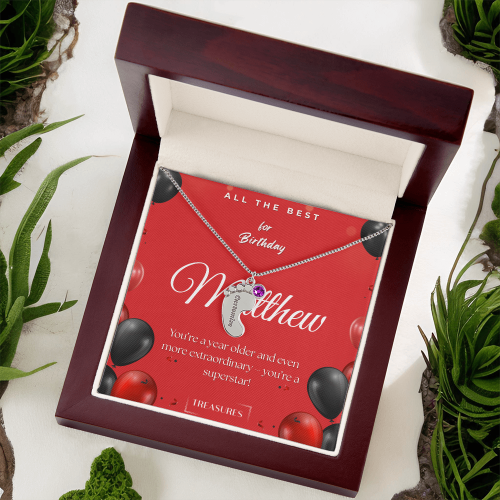 Personalized baby feet necklace with birthstone, engraved name, keepsake gift for child, stainless steel or 18K gold, mahogany box with custom message, treasures.ch
