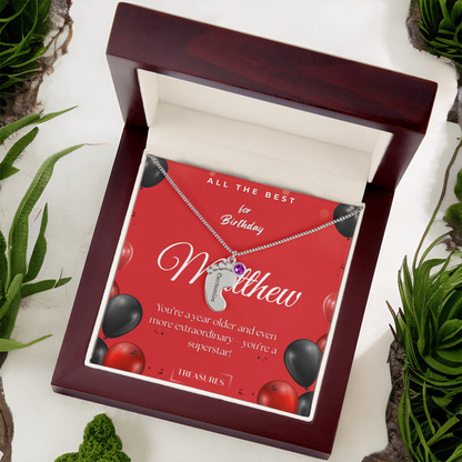 Personalized baby feet necklace with birthstone, engraved name, keepsake gift for child, stainless steel or 18K gold, mahogany box with custom message, treasures.ch
