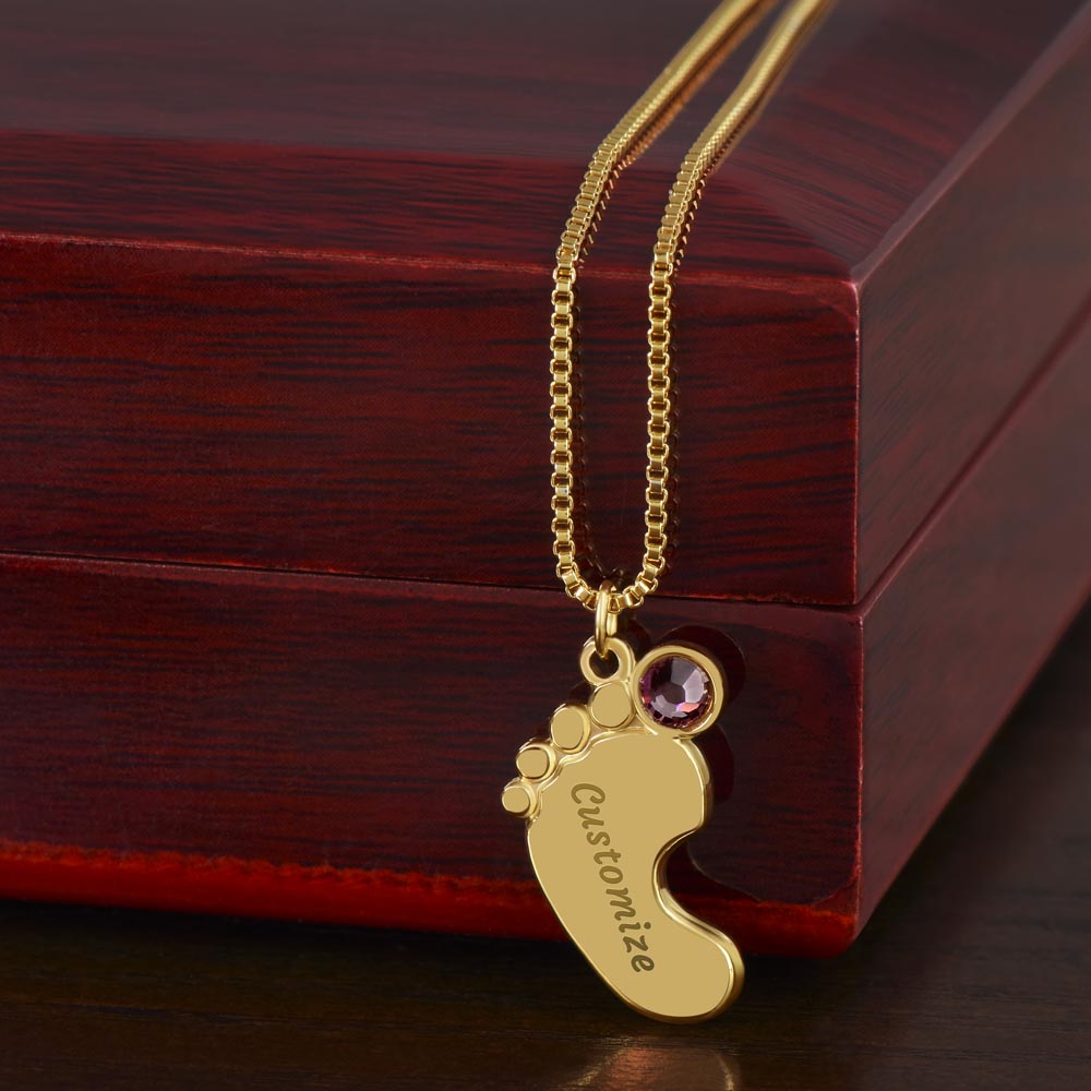 Collana personalizzata con piedini e pietra di nascita, incisione nome, regalo per bambini, acciaio inox o oro 18K, scatola in mogano, ricordo unico, treasures.ch
