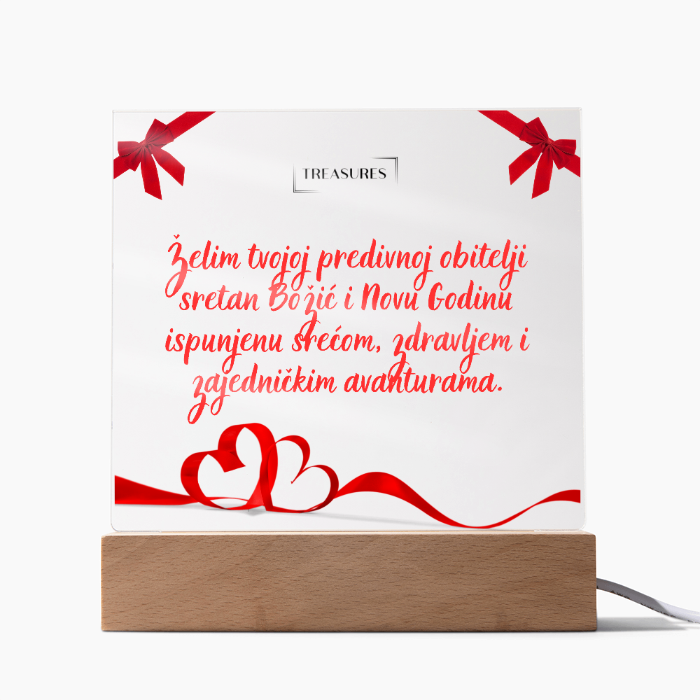 Kvadratna akrilna ploča s božićnim printom, LED drveno postolje sa 7 boja, blagdanski ukras ili poklon, podesiva rasvjeta, treasures.ch
