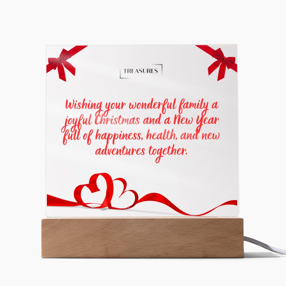 Printed square acrylic plaque with vibrant Christmas design, LED wooden base with 7 colors, festive holiday decor or gift, customizable lighting, treasures.ch
