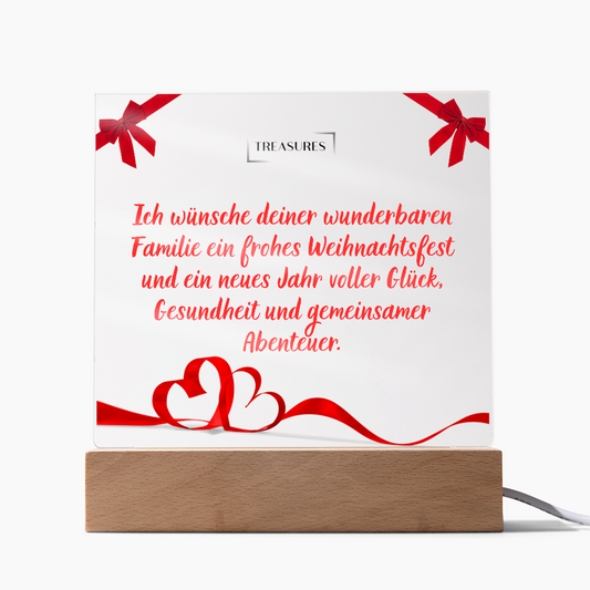 Bedruckte quadratische Acryltafel mit festlichem Weihnachtsdesign, LED-Holzsockel mit 7 Farben, Weihnachtsdeko oder Geschenk, individuell einstellbare Beleuchtung, treasures.ch
