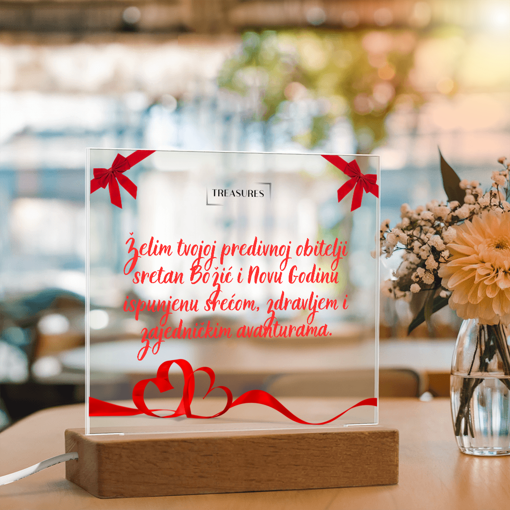 Kvadratna akrilna ploča s božićnim printom, LED drveno postolje sa 7 boja, blagdanski ukras ili poklon, podesiva rasvjeta, treasures.ch
