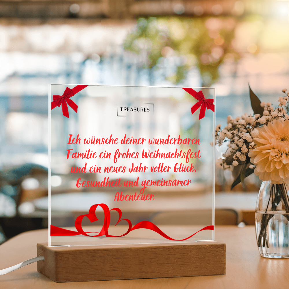 Bedruckte quadratische Acryltafel mit festlichem Weihnachtsdesign, LED-Holzsockel mit 7 Farben, Weihnachtsdeko oder Geschenk, individuell einstellbare Beleuchtung, treasures.ch
