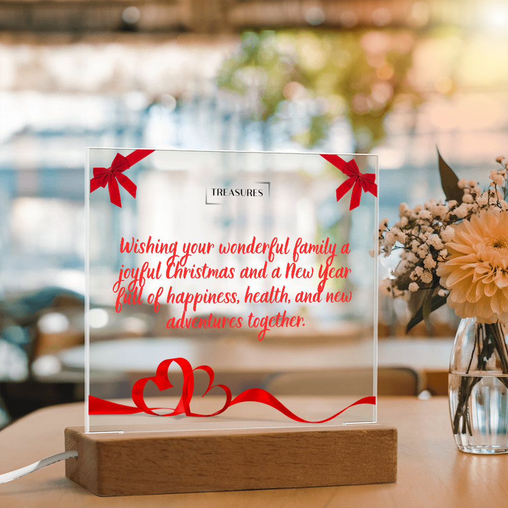 Printed square acrylic plaque with vibrant Christmas design, LED wooden base with 7 colors, festive holiday decor or gift, customizable lighting, treasures.ch
