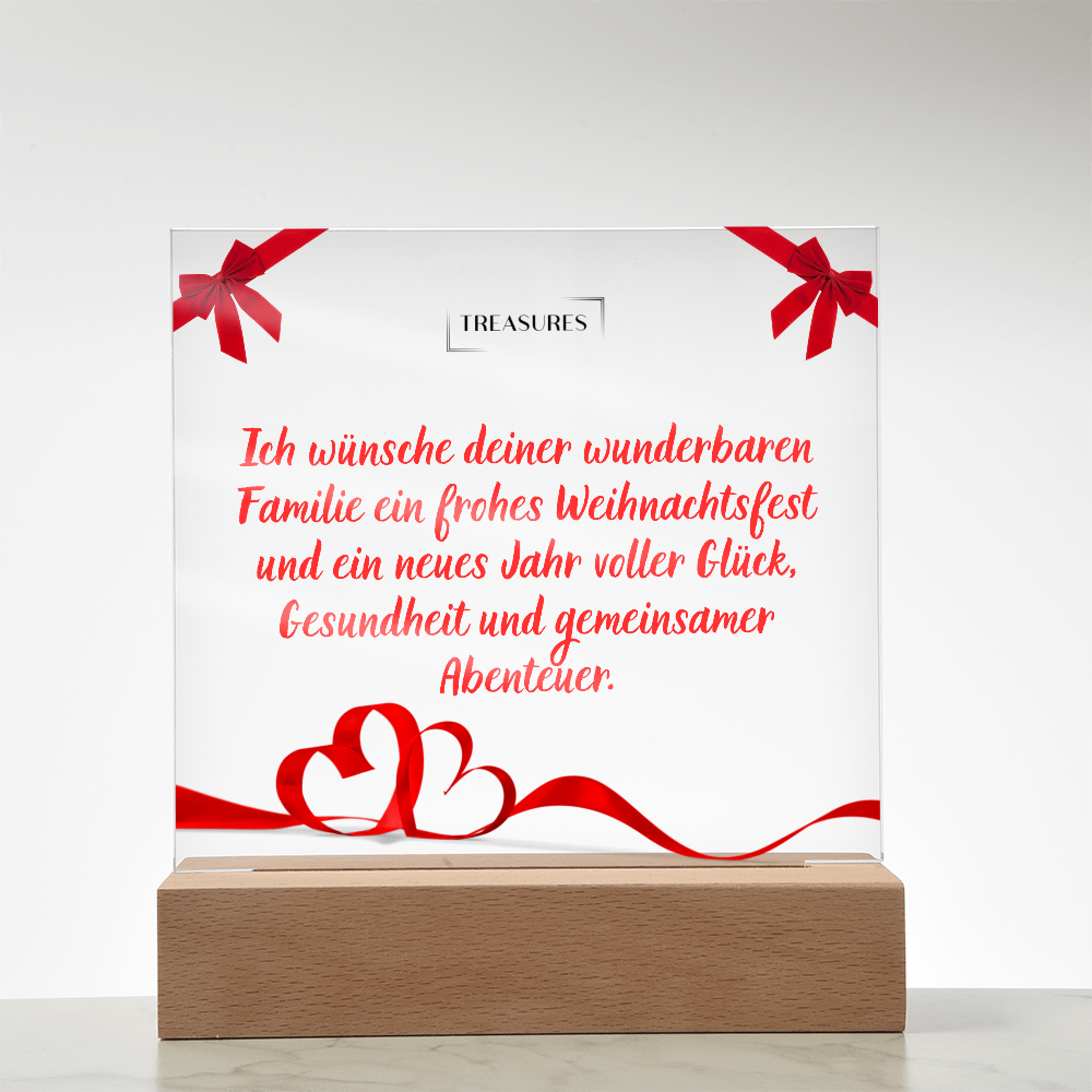 Bedruckte quadratische Acryltafel mit festlichem Weihnachtsdesign, LED-Holzsockel mit 7 Farben, Weihnachtsdeko oder Geschenk, individuell einstellbare Beleuchtung, treasures.ch
