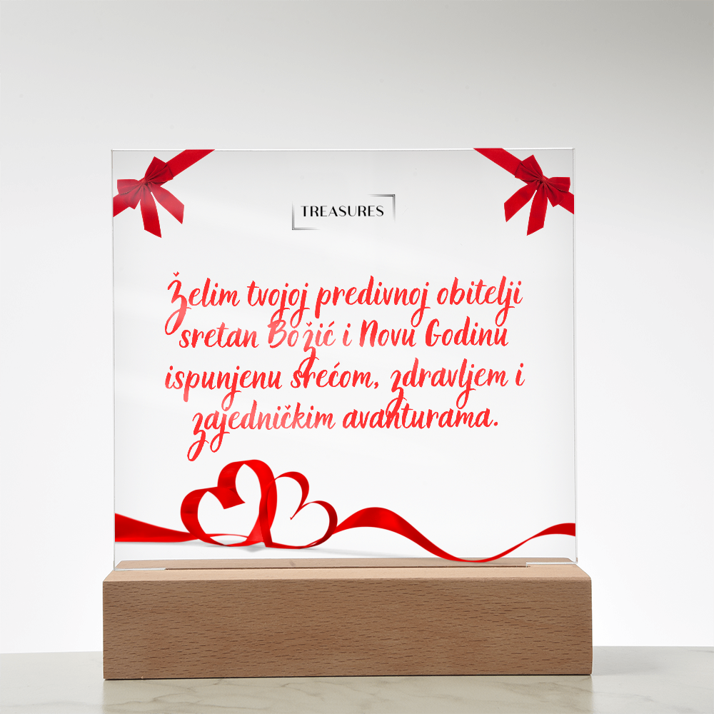 Kvadratna akrilna ploča s božićnim printom, LED drveno postolje sa 7 boja, blagdanski ukras ili poklon, podesiva rasvjeta, treasures.ch
