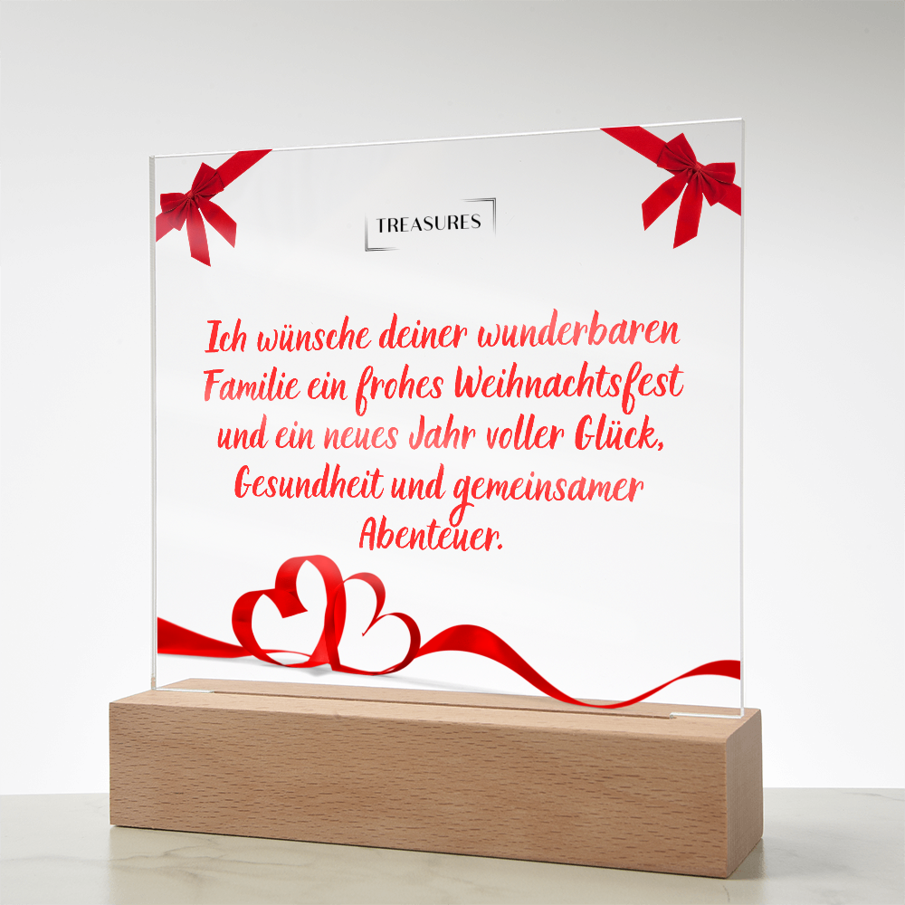 Bedruckte quadratische Acryltafel mit festlichem Weihnachtsdesign, LED-Holzsockel mit 7 Farben, Weihnachtsdeko oder Geschenk, individuell einstellbare Beleuchtung, treasures.ch
