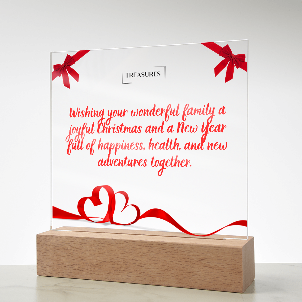 Printed square acrylic plaque with vibrant Christmas design, LED wooden base with 7 colors, festive holiday decor or gift, customizable lighting, treasures.ch
