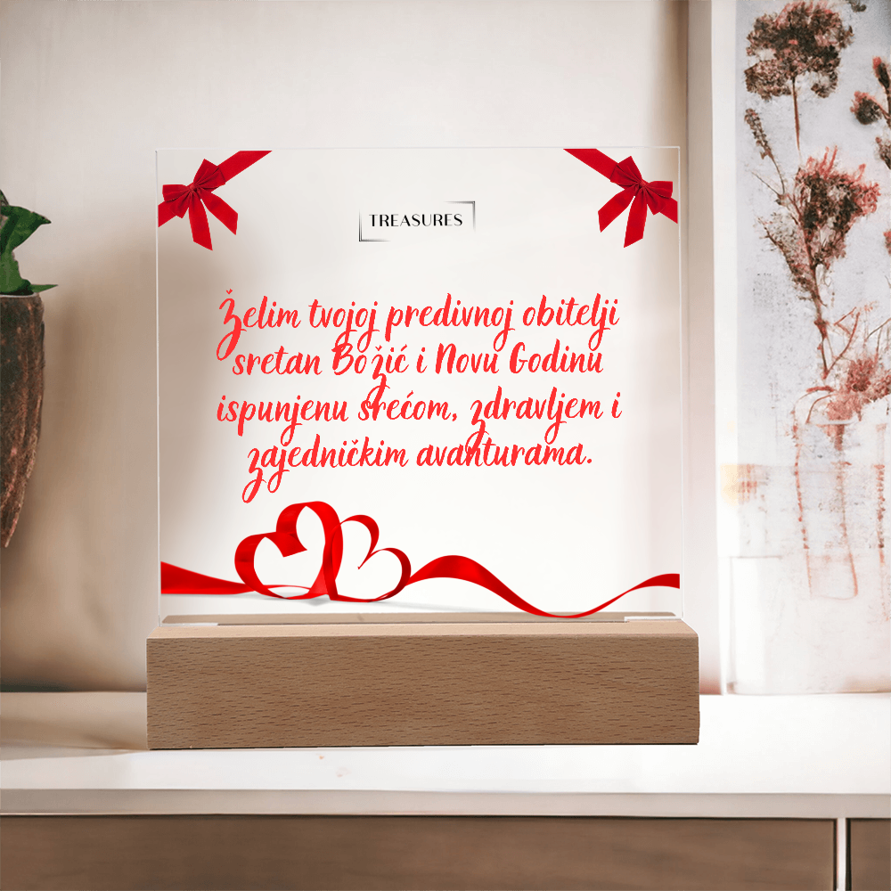 Kvadratna akrilna ploča s božićnim printom, LED drveno postolje sa 7 boja, blagdanski ukras ili poklon, podesiva rasvjeta, treasures.ch
