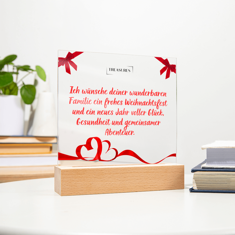 Bedruckte quadratische Acryltafel mit festlichem Weihnachtsdesign, LED-Holzsockel mit 7 Farben, Weihnachtsdeko oder Geschenk, individuell einstellbare Beleuchtung, treasures.ch
