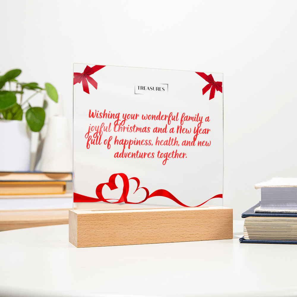 Printed square acrylic plaque with vibrant Christmas design, LED wooden base with 7 colors, festive holiday decor or gift, customizable lighting, treasures.ch
