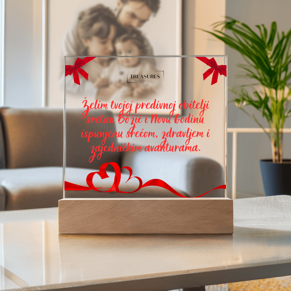 Kvadratna akrilna ploča s božićnim printom, LED drveno postolje sa 7 boja, blagdanski ukras ili poklon, podesiva rasvjeta, treasures.ch
