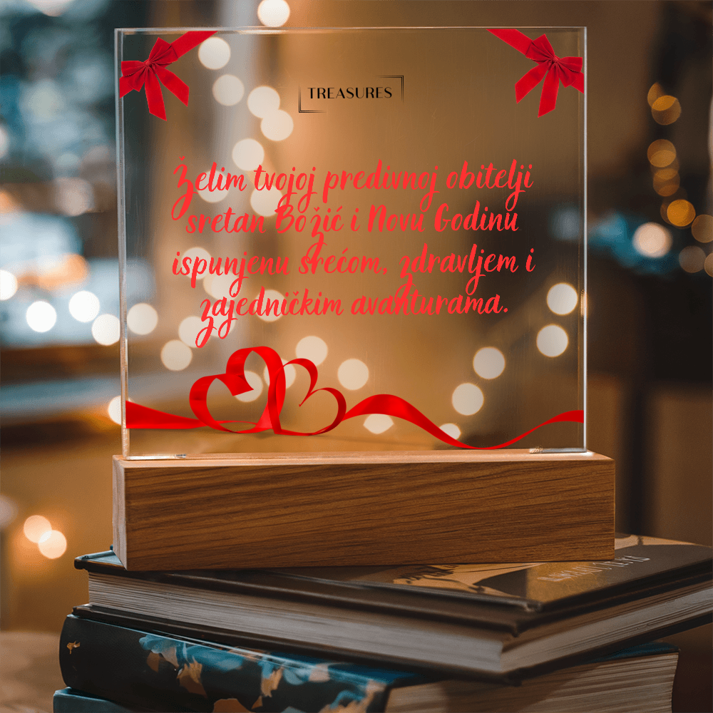 Kvadratna akrilna ploča s božićnim printom, LED drveno postolje sa 7 boja, blagdanski ukras ili poklon, podesiva rasvjeta, treasures.ch
