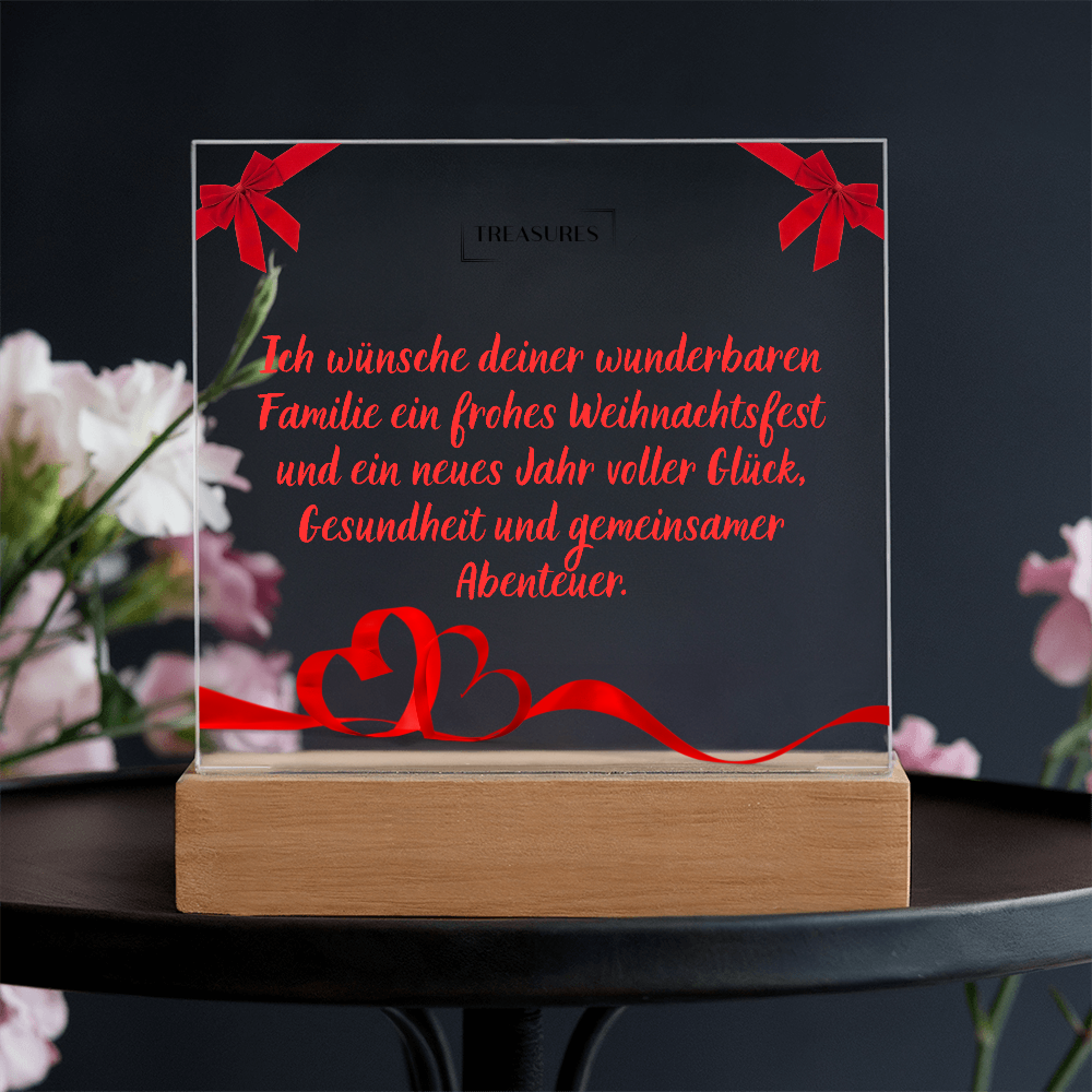 Bedruckte quadratische Acryltafel mit festlichem Weihnachtsdesign, LED-Holzsockel mit 7 Farben, Weihnachtsdeko oder Geschenk, individuell einstellbare Beleuchtung, treasures.ch
