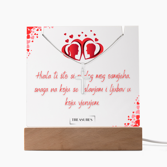 Keepsake Acrylic set s personaliziranim kvadratnim akrilnim dekorom i ogrlicom s križem od nehrđajućeg čelika, jedinstven poklon za muškarca, LED drveno postolje, savršeno za rođendan, Božić ili godišnjicu, treasures.ch